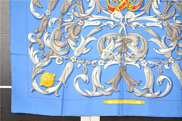 Authentic HERMES Carre 90 Scarf "LE MORS A LA CONETABLE" Silk Blue K4912