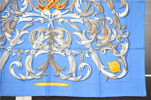 Authentic HERMES Carre 90 Scarf "LE MORS A LA CONETABLE" Silk Blue K4912