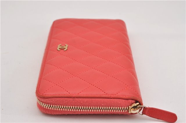 Authentic CHANEL Vintage Lamb Skin Matelasse Long Wallet Purse Pink CC K4914