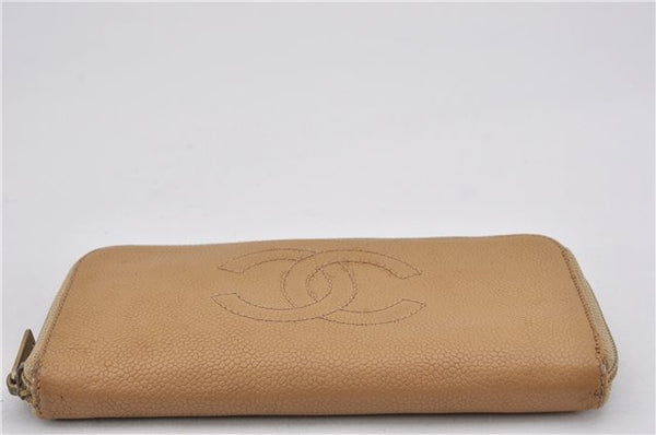 Authentic CHANEL Caviar Skin CC Logo Round Zip Long Wallet Purse Beige K4919