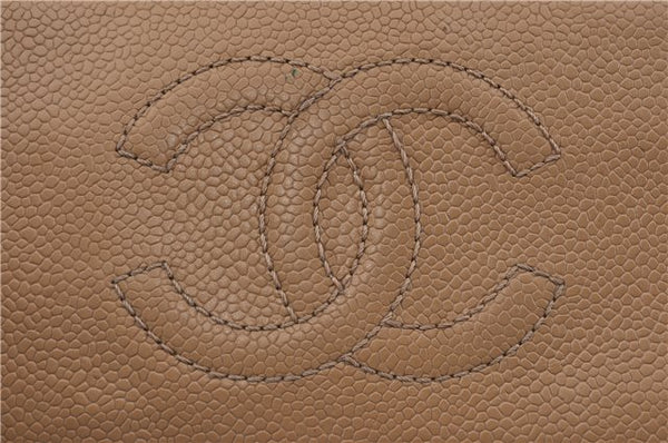 Authentic CHANEL Caviar Skin CC Logo Round Zip Long Wallet Purse Beige K4919