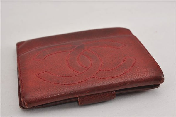 Authentic CHANEL Vintage Caviar Skin CC Logo Bifold Wallet Purse Red Junk K4920