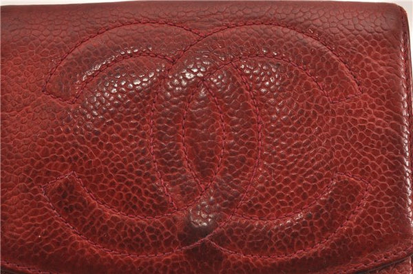 Authentic CHANEL Vintage Caviar Skin CC Logo Bifold Wallet Purse Red Junk K4920