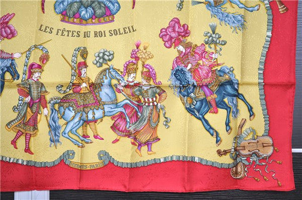 Authentic HERMES Carre 90 Scarf "LES FETES DU ROI SOLEIL" Silk Red K4925