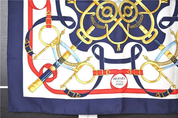 Authentic HERMES Carre 90 Scarf "Eperon d'or" Silk Navy K4927