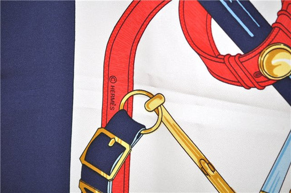 Authentic HERMES Carre 90 Scarf "Eperon d'or" Silk Navy K4927