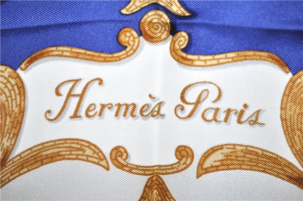 Authentic HERMES Carre 90 Scarf "Cheval Turc." Silk Blue K4938