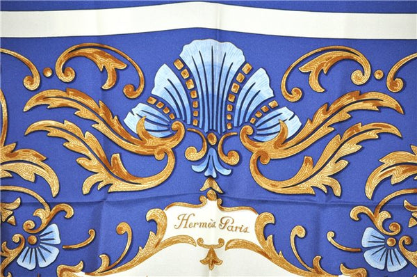 Authentic HERMES Carre 90 Scarf "Cheval Turc." Silk Blue K4938