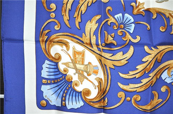 Authentic HERMES Carre 90 Scarf "Cheval Turc." Silk Blue K4938