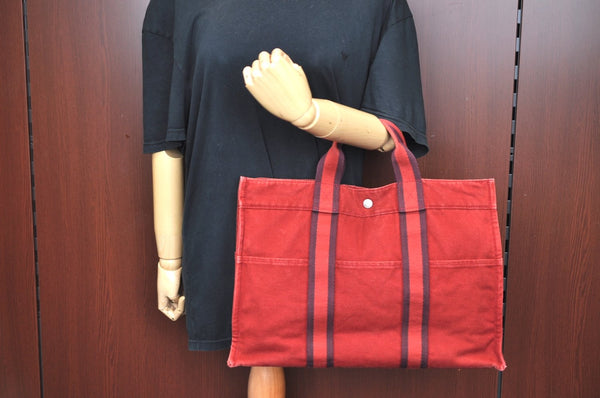 Authentic HERMES Fourre Tout MM Hand Tote Bag Canvas Red K5016