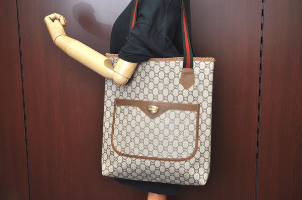Authentic GUCCI Web Sherry Line GG Plus Tote Bag GG PVC Leather Brown K5076