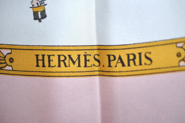 Auth HERMES Carre 90 Scarf "LA PROMENADE DE LONGCHAMPS" Silk Light Pink K5123