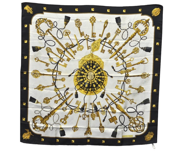 Authentic HERMES Carre 90 Scarf "LES CLES" Silk Black Gold White K5147