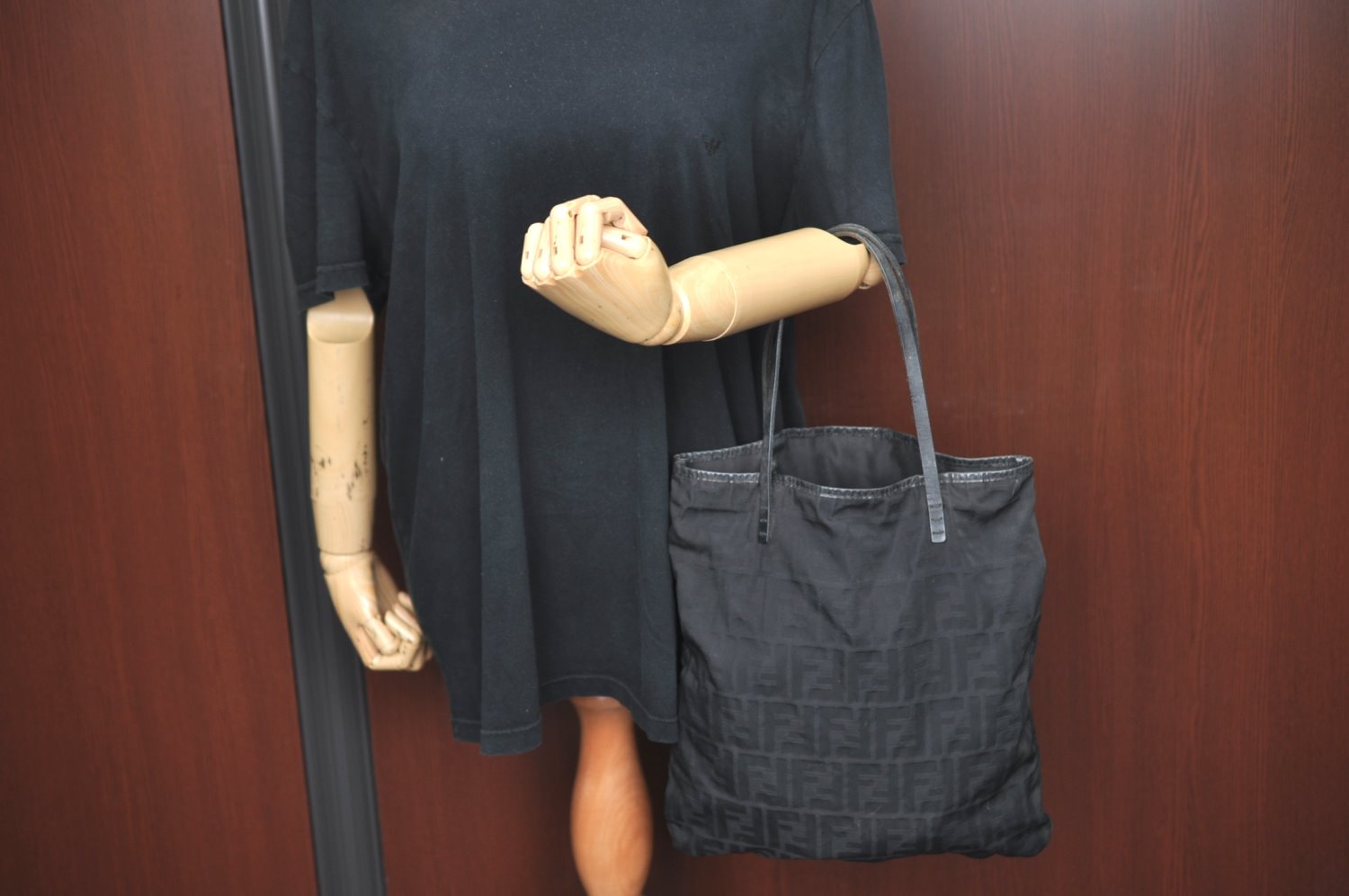 Authentic FENDI Zucca Tote Bag Purse Nylon Leather Black K5203