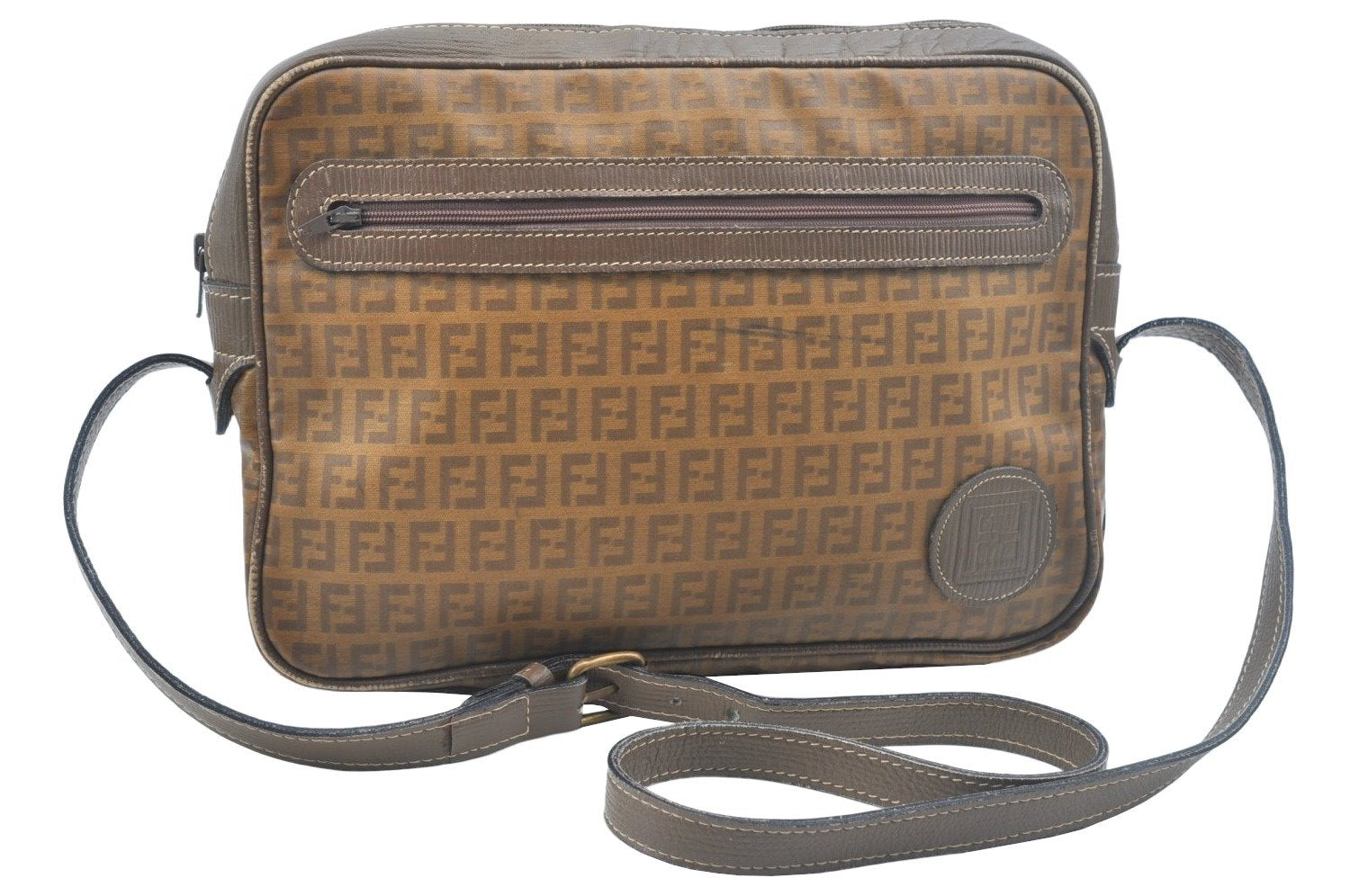 Authentic FENDI Zucchino Shoulder Cross Body Bag Purse PVC Leather Brown K5216