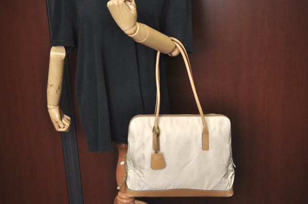 Authentic PRADA Nylon Tessuto Leather Shoulder Tote Bag Beige K5225
