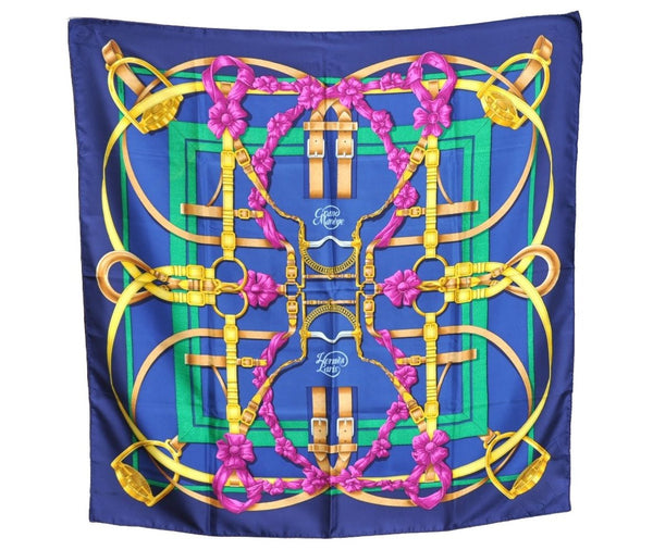 Authentic HERMES Carre 90 Scarf "Grand Manege" Silk Navy Blue K5236