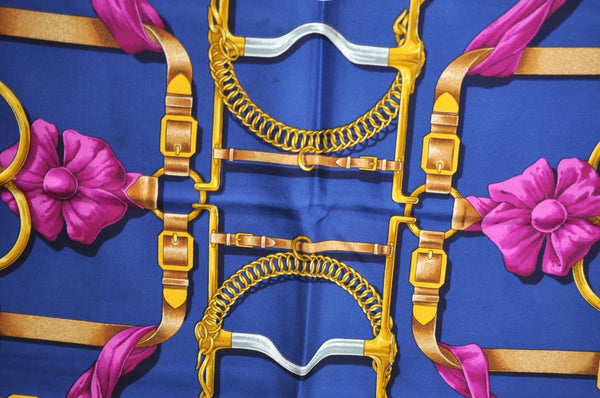 Authentic HERMES Carre 90 Scarf "Grand Manege" Silk Navy Blue K5236