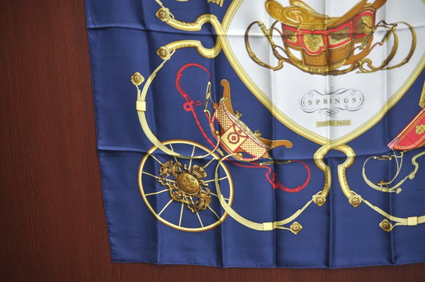 Authentic HERMES Carre 90 Scarf "SPRINGS" Silk Navy Blue K5256