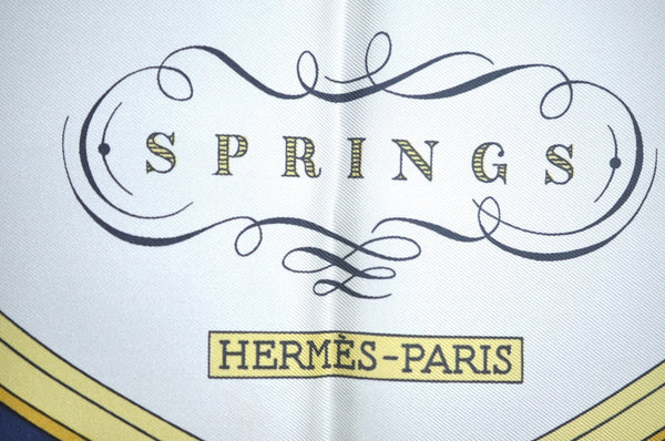 Authentic HERMES Carre 90 Scarf "SPRINGS" Silk Navy Blue K5256