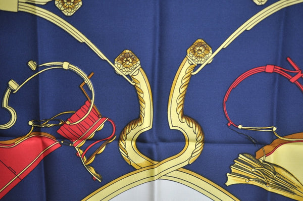 Authentic HERMES Carre 90 Scarf "SPRINGS" Silk Navy Blue K5256