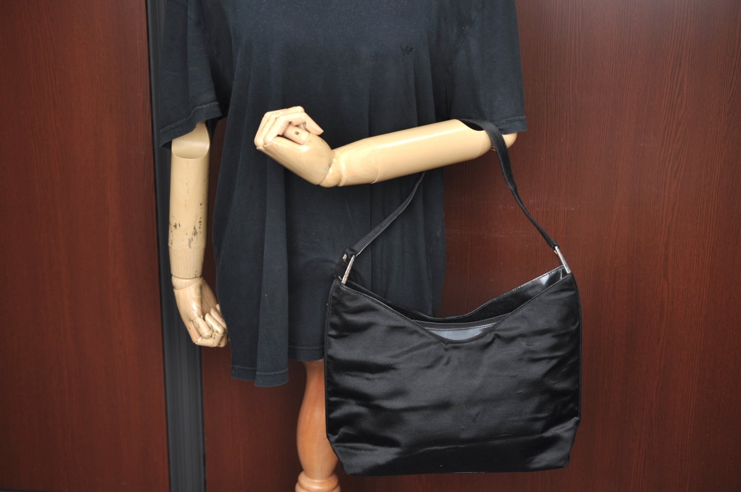 Authentic GUCCI Shoulder Hand Bag Purse Satin Leather 0013017 Black Junk K5264