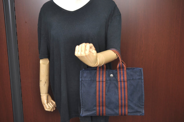 Authentic HERMES Fourre Tout PM Hand Tote Bag Purse Cotton Navy Blue K5270