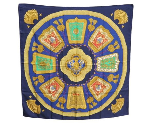 Authentic HERMES Carre 90 Scarf "Poste et Cavalerie" Silk Navy Blue K5288