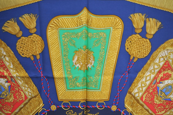 Authentic HERMES Carre 90 Scarf "Poste et Cavalerie" Silk Navy Blue K5288