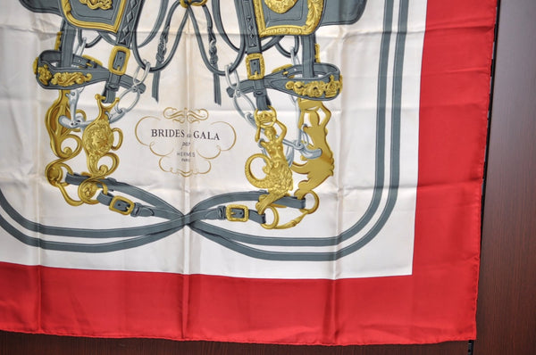 Authentic HERMES Carre 90 Scarf "BRIDES de GALA par" Silk Red K5291