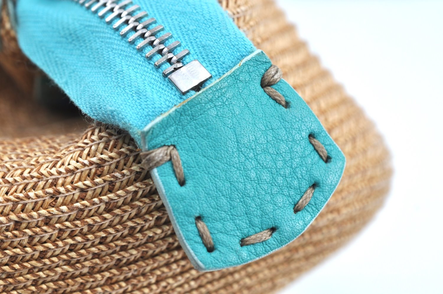 Authentic FENDI Selleria Hand Bag Purse Straw Leather Beige Light Blue K5339