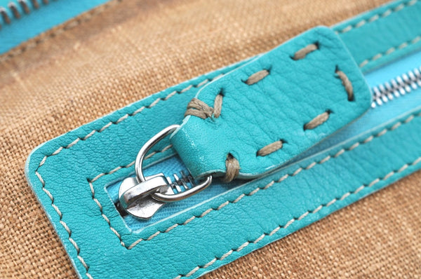 Authentic FENDI Selleria Hand Bag Purse Straw Leather Beige Light Blue K5339
