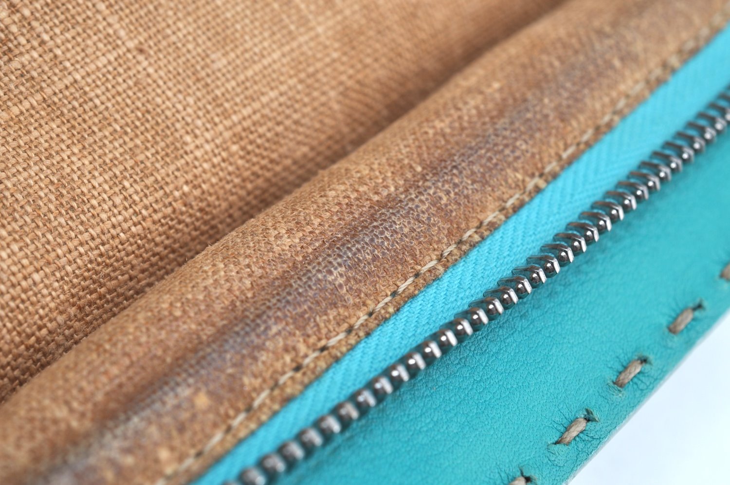 Authentic FENDI Selleria Hand Bag Purse Straw Leather Beige Light Blue K5339