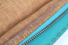 Authentic FENDI Selleria Hand Bag Purse Straw Leather Beige Light Blue K5339