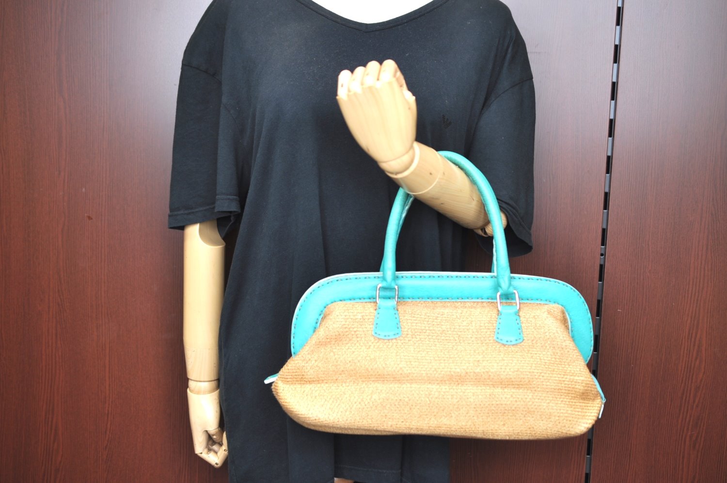 Authentic FENDI Selleria Hand Bag Purse Straw Leather Beige Light Blue K5339