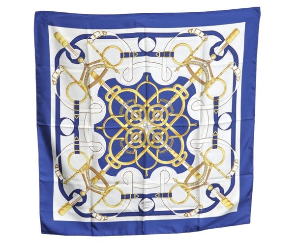 Authentic HERMES Carre 90 Scarf "Eperon d'or" Silk Blue K5354