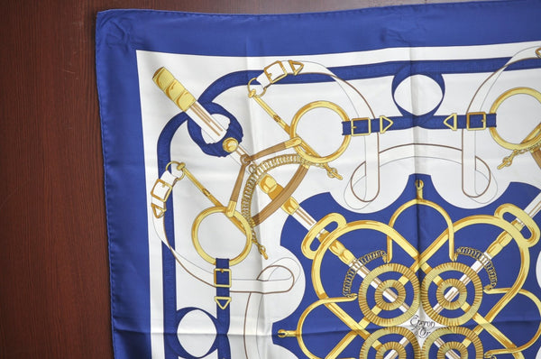 Authentic HERMES Carre 90 Scarf "Eperon d'or" Silk Blue K5354