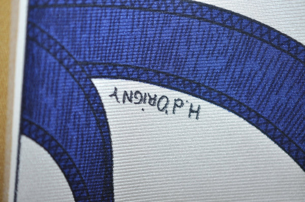 Authentic HERMES Carre 90 Scarf "Eperon d'or" Silk Blue K5354