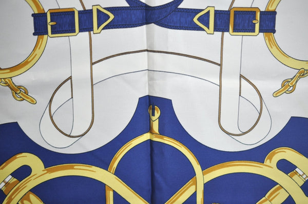 Authentic HERMES Carre 90 Scarf "Eperon d'or" Silk Blue K5354