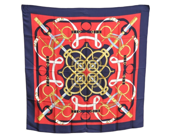 Authentic HERMES Carre 90 Scarf "Eperon d'or" Silk Navy Blue K5363