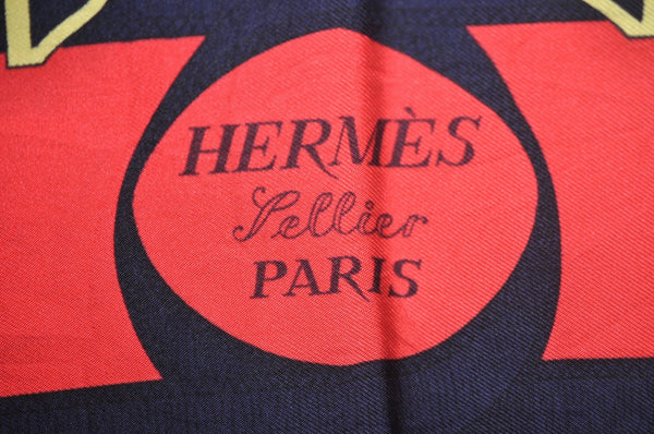 Authentic HERMES Carre 90 Scarf "Eperon d'or" Silk Navy Blue K5363