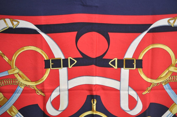 Authentic HERMES Carre 90 Scarf "Eperon d'or" Silk Navy Blue K5363