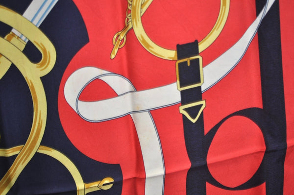 Authentic HERMES Carre 90 Scarf "Eperon d'or" Silk Navy Blue K5363