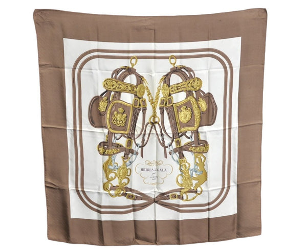 Authentic HERMES Carre 90 Scarf "BRIDES de GALA par" Silk Brown K5366