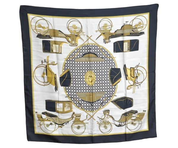 Authentic HERMES Carre 90 Scarf "LES VOITURES A TRANSFORMATION" Silk Black K5375