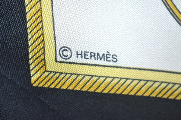 Authentic HERMES Carre 90 Scarf "LES VOITURES A TRANSFORMATION" Silk Black K5375