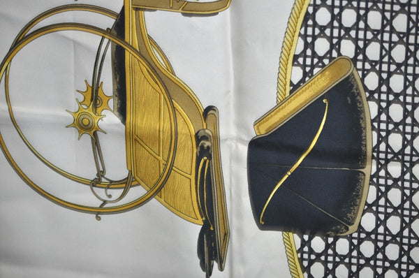 Authentic HERMES Carre 90 Scarf "LES VOITURES A TRANSFORMATION" Silk Black K5375