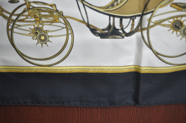 Authentic HERMES Carre 90 Scarf "LES VOITURES A TRANSFORMATION" Silk Black K5375