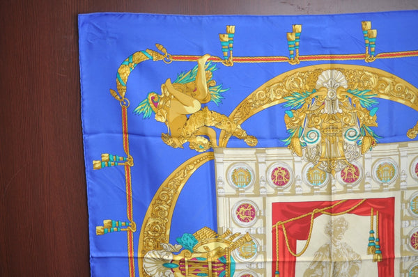 Authentic HERMES Carre 90 Scarf "HOMMAGE A CHARLES GARNIER" Silk Blue K5378