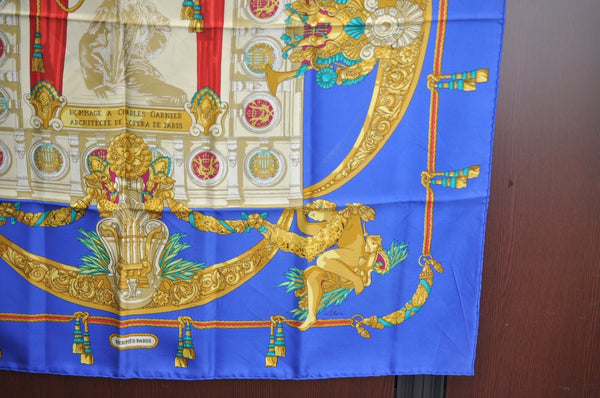 Authentic HERMES Carre 90 Scarf "HOMMAGE A CHARLES GARNIER" Silk Blue K5378